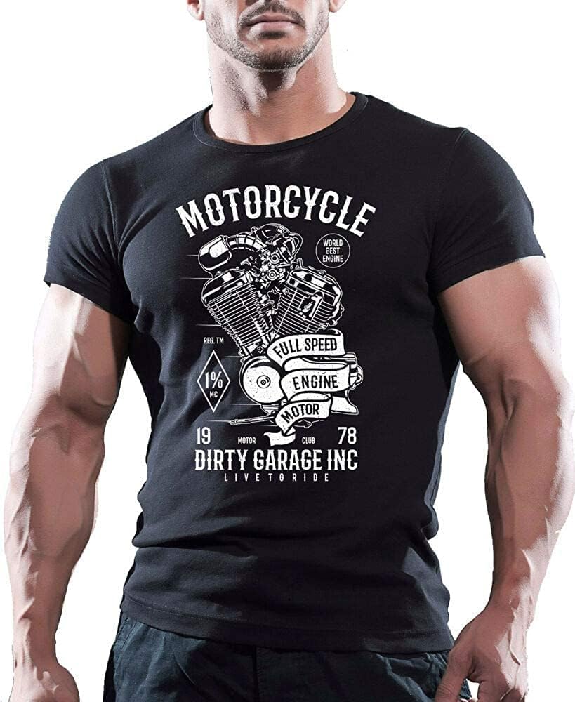 GANGSHI Motorcycle Full Speed Engine Motor Dirty Garage Engine Mens Black Cotton T Shirt XL