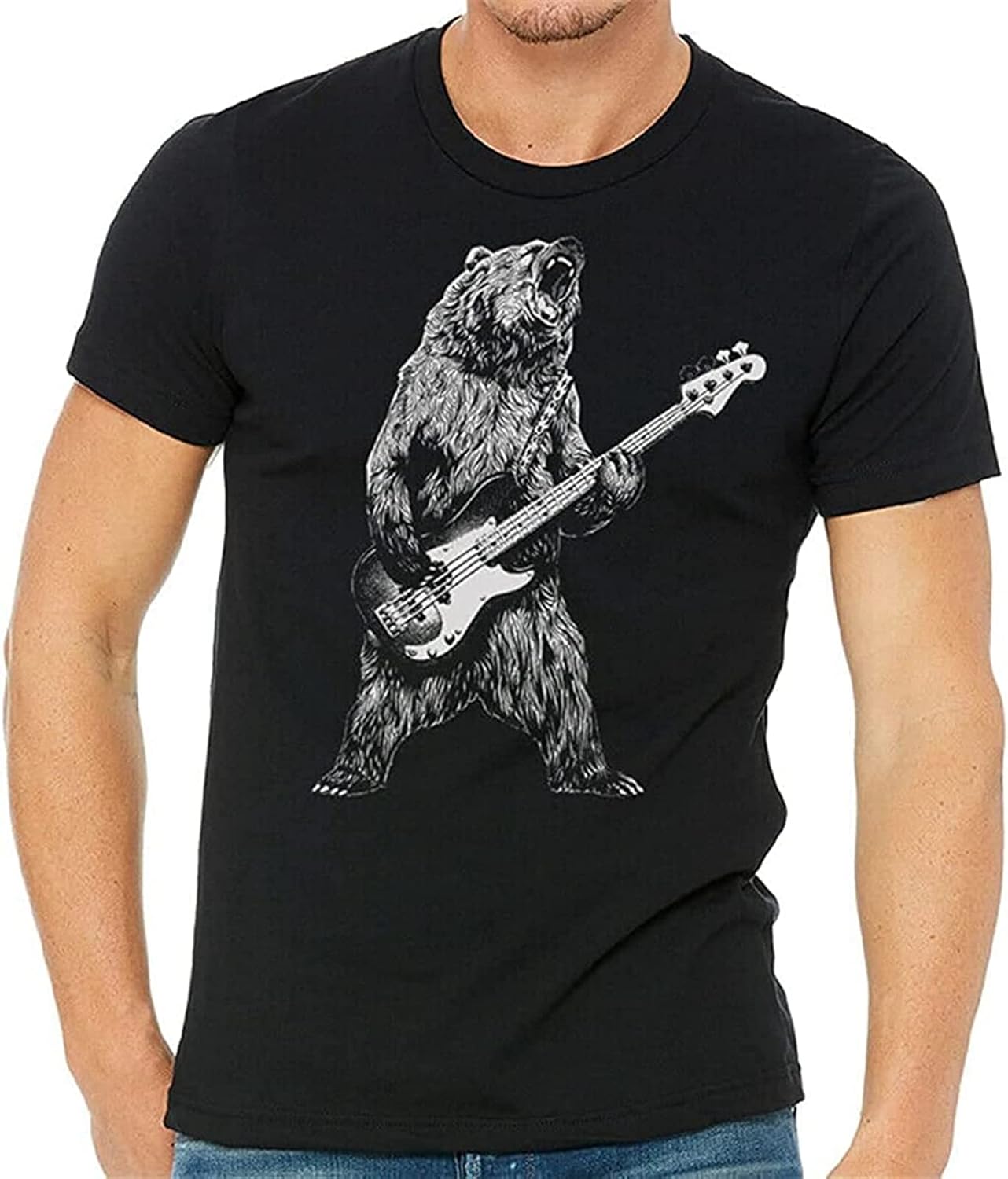 Black Tee Bear Playing Bass Guitar Men's T-Shirt