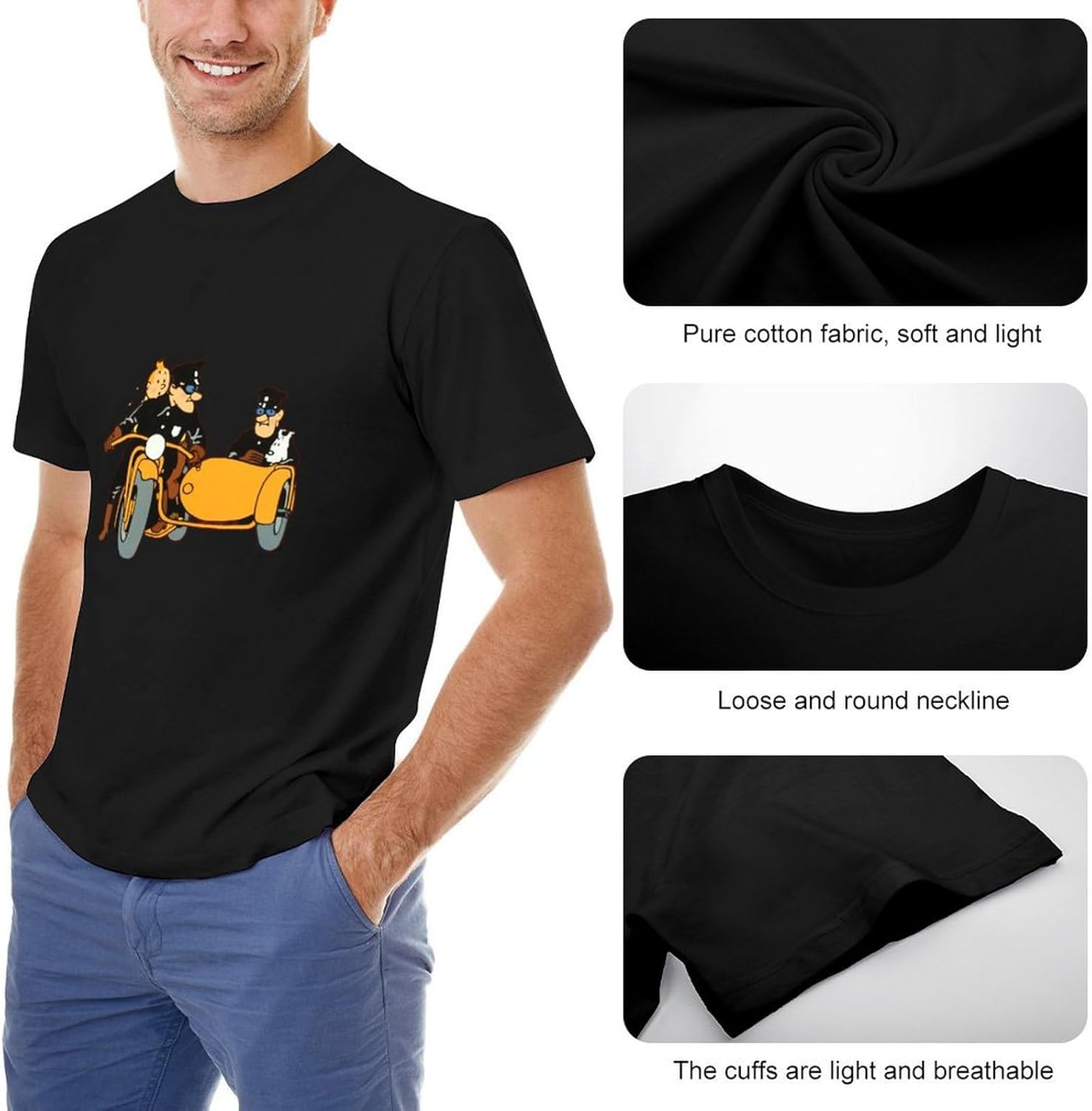 Men's Tin-Tin and Transportation T-Shirt Black, Black, L