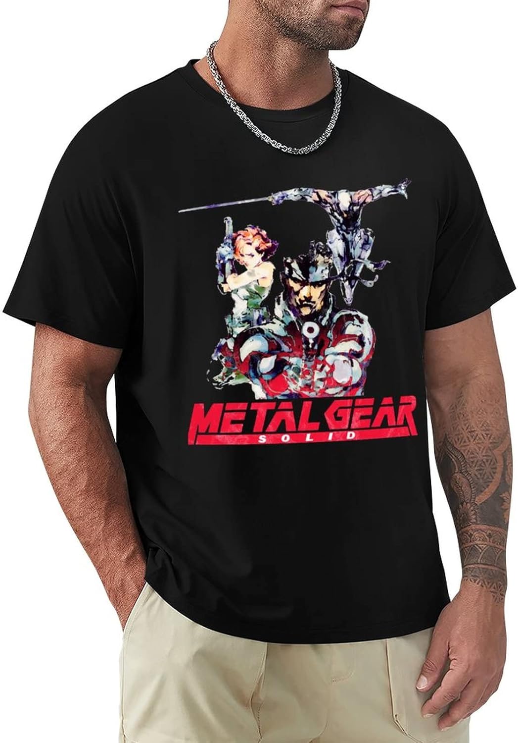 Retro Metal Gear Solid T-Shirt Sports Fan T-Shirts Custom T Shirts Mens Graphic T-Shirts, Black, XL
